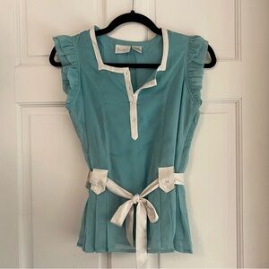 Soundgirl Blue Green Turquoise Y2K 90s Vintage Top w/ White Satin Tie - Size 0